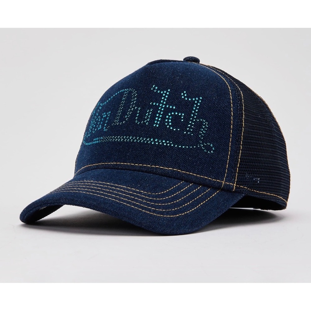 NEW Von Dutch Hat Rhinestone Denim Bling Trucker Mesh SnapBack Cap Retro Y2K - Picture 2 of 8